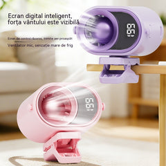 🌀 Ventilator hands-free cu afișaj LED, clemă integrată și 199 de niveluri reglabile