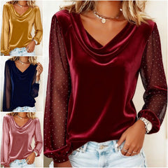 Egyszínű női V-nyakú bársony felső – hosszú ujjú, sűrű hálós ujjal és strassz díszítéssel