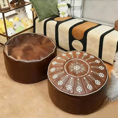 🪑 Taburet de depozitare din piele naturală cu broderie vintage elegantă
