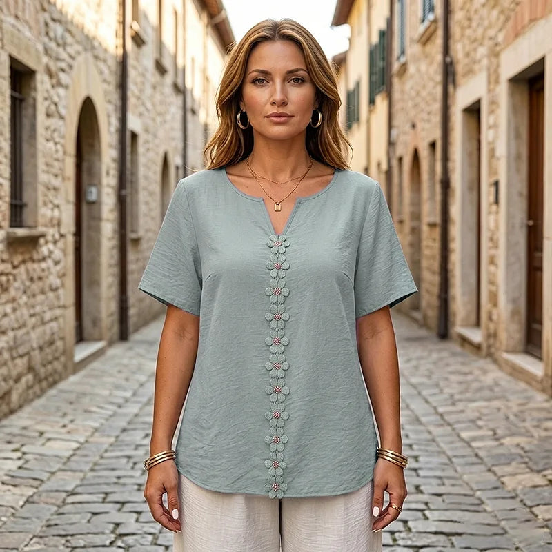 👚【Creat special pentru siluete plus-size】Tricou elegant cu broderie florală rafinată și design modern