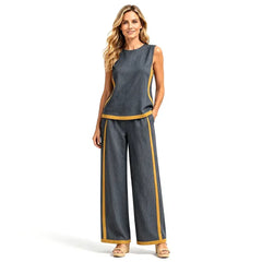 Set Elegant din Doută Piese pentru Femei - Top Fără Mâneci și Pantaloni Largi cu Margini Contrastante, Stil Casual de Vară