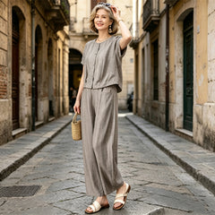 👕👖【Tricou + pantaloni largi】Set casual modern din in – respirabil și confortabil