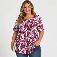 Bluză de Vară Marimi Mari (Plus Size) cu Imprimeu Floral Albastru, Decolteu Rotund și Falduri – Lejeră, Moale și Respirabilă