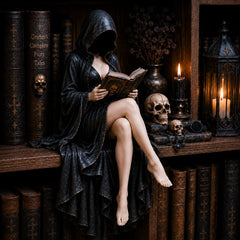【Nou 2026】Statuetă Gotică „Cititoarea cu Glugă”, Ornament Misterios și Senzual pentru Dormitor sau Birou, Cadou Decorativ Dark Academic! 🖤📖