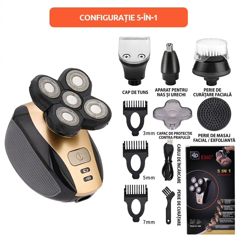 Aparat de Ras Electric 5 în 1 pentru Bărbați – 5 Capete 4D Flotante, Rezistent la Apă, Masină de Tuns pentru Cap și Barba, Kit Grooming Complet