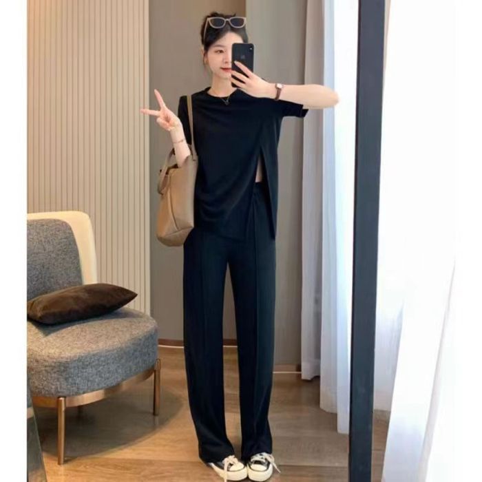 🔥【Top + pantaloni】（M~4XL）👕👖Set nou de pantaloni largi pentru femei, de vară, la modă, mărime plus, lejeră