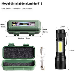 【2 set】Lanternă mini LED ultra-puternică cu zoom reglabil, lumină laterală COB și reîncărcabilă USB, din aliaj de aluminiu, cu cutie de protecție inclusă