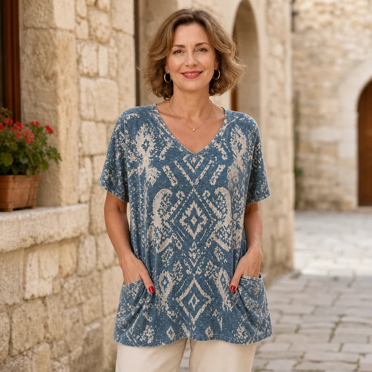 【Noutate Vară 2026】Tricou din Bumbac Pur cu Decolteu în V și Imprimeu Floral 3D, Croială Lejeră cu Buzunare Laterale, 6 Culori, Mărimi S-5XL! 🌺✨