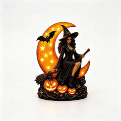 Lampă de Noapte Sculptată "Vrăjitoarea pe Lună" cu Dovleci Luminați – Statuetă Gotică Mistică cu Lumini LED pentru Decor de Casă și Atmosferă Magică
