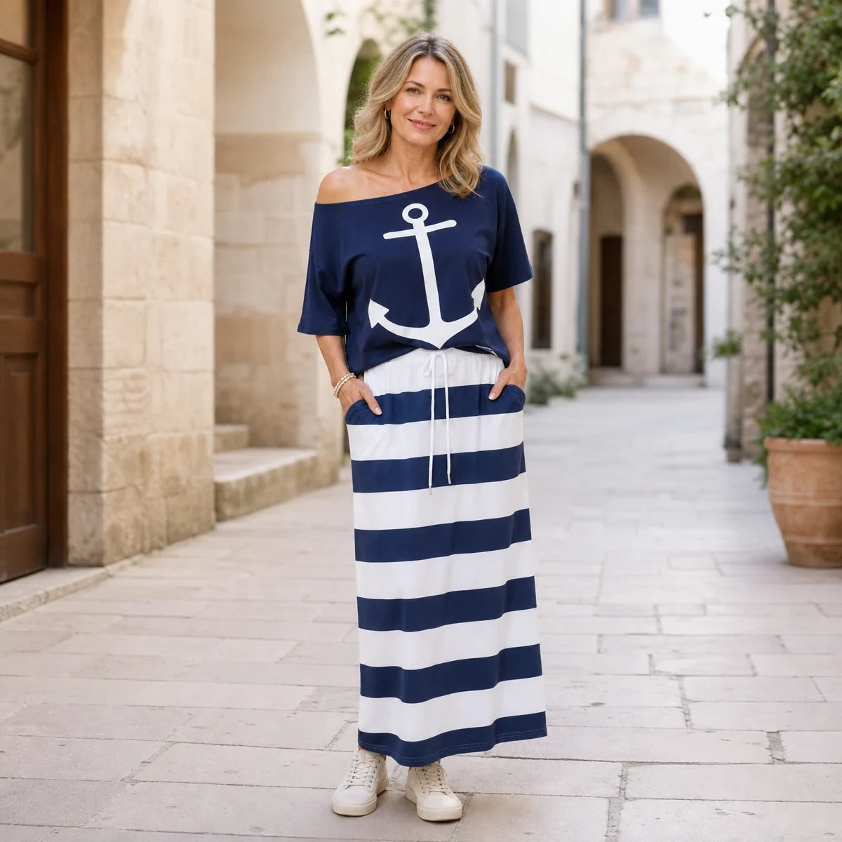 【Hit de Vară 2026】Set Casual în Stil Marin: Tricou din Bumbac cu Imprimeu Anchor + Fustă Lungă în Dungi, Mărimi S-5XL! ⚓💙