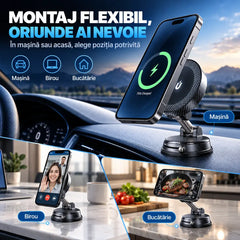 ⚡ Suport Auto Magnetic 15W cu Fixare prin Vid – Încărcare rapidă, fixare ultrastabilă și reglare la 1080°! 🚗📱