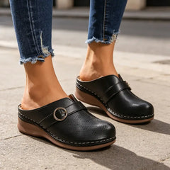 👡 Saboți Mules din Piele Moale cu Perforații – Talpă Ergonomică, Cataramă Șic, Pentru Picioare Late, 3 Culori, Mărimi 36-43! ☀️✨