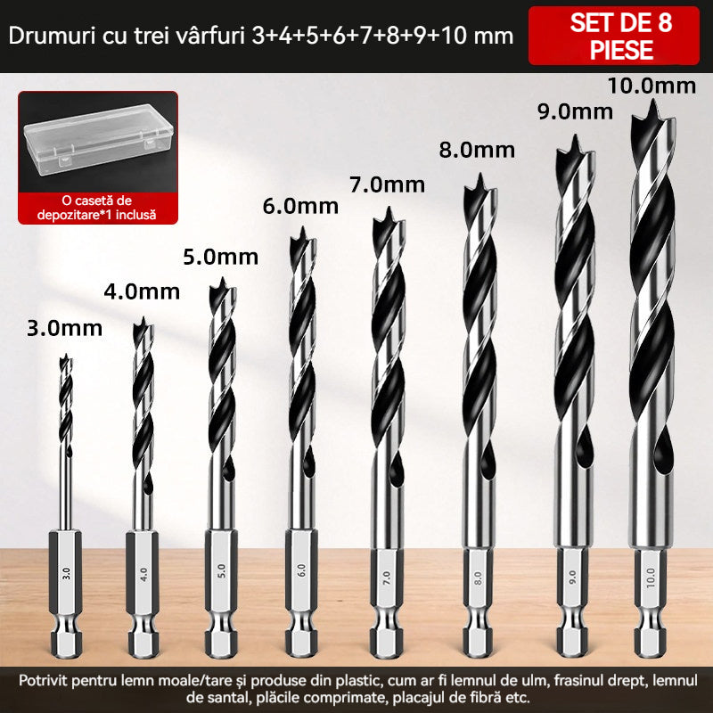 Set 8 Burghie Profesionale pentru Lemn (3-10mm), Coadă Hexagonală Anti-Alunecare, Vârf în Trei Puncte pentru Găurire Precisă în Lemn Tare