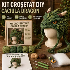🛍️ Kit DIY Căști/Pălării Grozave Croșetate "Fantasy Hood Hat" 🐉 Model Dragon de Gheață, Dovleac Magic & 11 Variante | Kit Complet cu Fire, Croșete & Ghid Video | Cadou Creativ & Accesoriu Unic purtabil