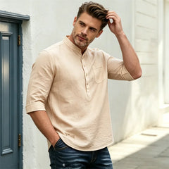 Tricou Henley pentru bărbați, din bumbac și in | Design cu guler înalt, respirabil și confortabil | Top casual versatil pentru vară