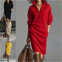 🔥🔥【S-3XL】Új, lezser, gombos gallérú, bő, egyenes, midi kötött ruha