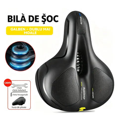 Șa Bicicletă Universală MTB, Extra Lată și Confortabilă cu Spumă cu Memorie – Design Ergonomic Respirabil cu Decupaj Central și Bile Antişoc pentru Drumuri Lungi