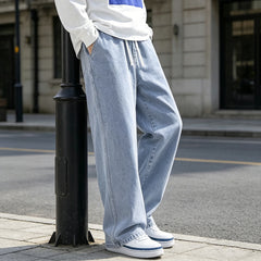 Pantaloni din denim retro pentru bărbați, model spălat, uni, croială largă și dreaptă, stil casual versatil