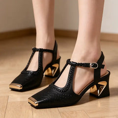 Pantofi de Damă Eleganți cu Toc Gros și Decupaje – Piele Moale, Respirație Picior, Stil Retro și Ameliorare Presiune Plantară