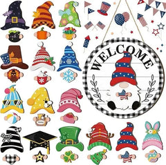 Plăcuță din Lemn „Welcome” pentru Ușă cu Elemente Interschimbabile – Semn Decorativ de Perete pentru Toate Anotimpurile și Ocaziile