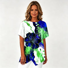 🛍️ Colecția de Vară 2026: Tricou Dama Elegant cu Imprimeu Floral și Tăietură Asimetrică ✨ Bluză Lejeră cu Mânecă Scurta, Efect de Subțiere | 4 Culori, Mărimi Mări S-4XL