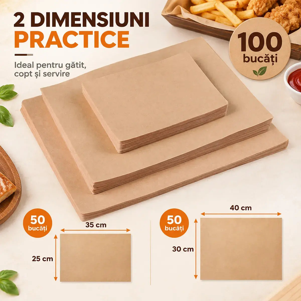 🍟 Hârtie Kraft Rezistentă la Grăsime (Set 100 Piese) – Fără Mizerie în Bucătărie! Ideală pentru Copt, Prăjit, Servire și Ambalare (25x35 cm + 30x40 cm)