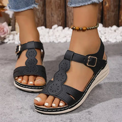 Sandale de Damă cu Talpă Ortopedică Moale, Design Casual de Vară cu Perforații Florale, Curea Reglabilă cu Cataramă, Stil Confortabil