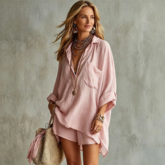 Set Casual Dama din In și Bumbac, Compleu Vară din Două Piese cu Cămașă Oversized și Pantaloni Scurți, Material Ultra Respirabil, Moale și Prietenos cu Pielea