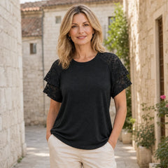 【没货源】Tricou Elegant de Damă cu Mâneci din Dantelă în Straturi – Material Premium Moale, Respirabil și Fin la Atingere, Stil Casual-Chic