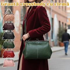 Geantă de Damă din Piele Naturală, Stil Retro cu Clemă Metalică, Design Elegat Crossbody și de Mână