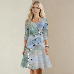 👗 Középhosszú női ruha kerek nyakkal és 3D virágmintával – kényelmes és elegáns viselet