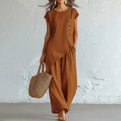 ✨Set Casual de Vară cu Design Asimetric și Nasturi Laterali, Top fără Mâneci și Pantaloni Largi, Stil Boho-Chic