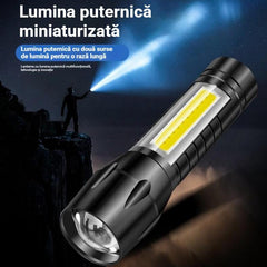 【2 set】Lanternă mini LED ultra-puternică cu zoom reglabil, lumină laterală COB și reîncărcabilă USB, din aliaj de aluminiu, cu cutie de protecție inclusă