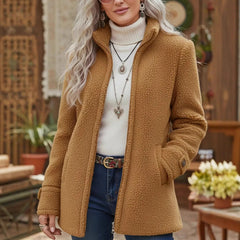 Női laza gyapjúkabát cipzárral és polár béléssel