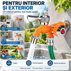 💦 Economisește Spațiu și Timp! Robinet Dublu Multifuncțional cu Două Ieșiri Independente (1/2")! Rezistent la Îngheț și Temperaturi Ridicate · Perfect pentru Mașina de Spălat, Grădină și Spălat Mașina!