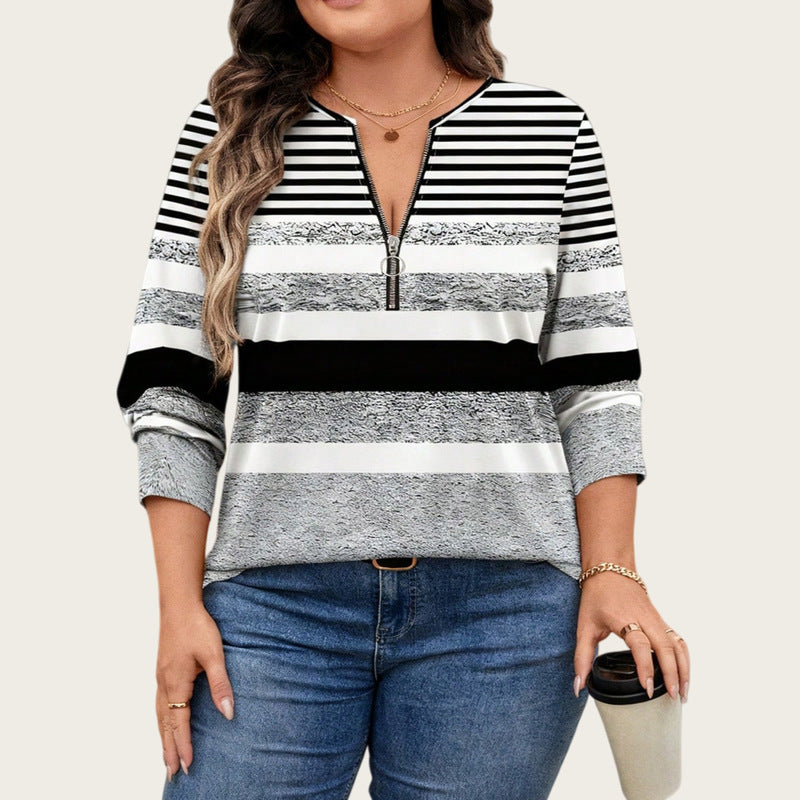 Új plus size női csíkos casual felső – Színblokkolt, kerek nyakú, félcipzáras, hosszú ujjú póló