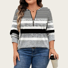 Új plus size női csíkos casual felső – Színblokkolt, kerek nyakú, félcipzáras, hosszú ujjú póló