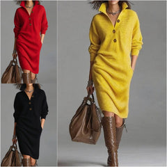 🔥🔥【S-3XL】Új, lezser, gombos gallérú, bő, egyenes, midi kötött ruha