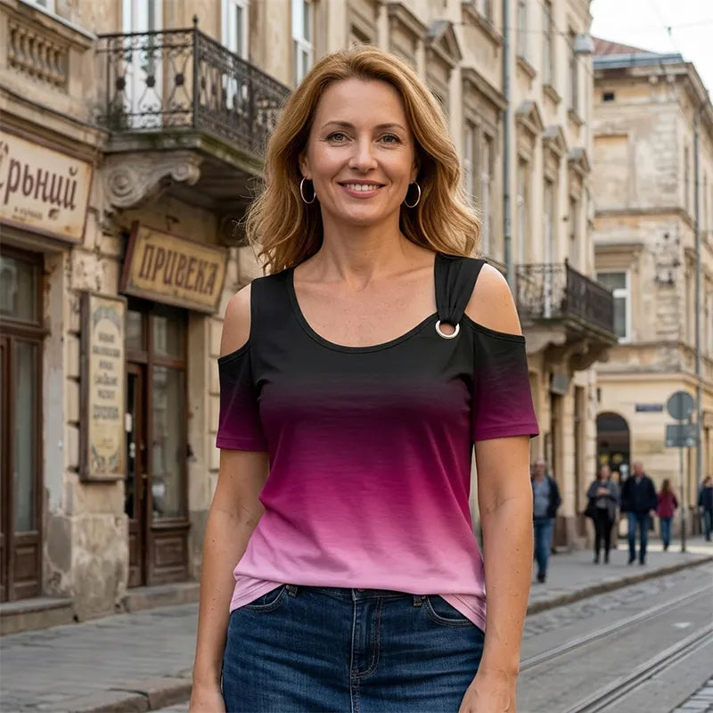 Tricou de Damă Elegant cu Umerii Decupați, Design în Degradé, Detaliu Metalic Inel pe Bretea, Decolteu în V, Stil Casual de Vară