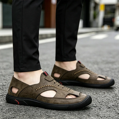 Sandale de Vară din Piele Naturală pentru Bărbați - Pantofi Casual Decupați și Respirabili, Stil Britanic Oxford, Talpă Moale și Flexibilă pentru Șofat și Mers