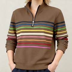 Elegáns csíkos női pulóver félcipzáros nyakkal – kényelmes és stílusos