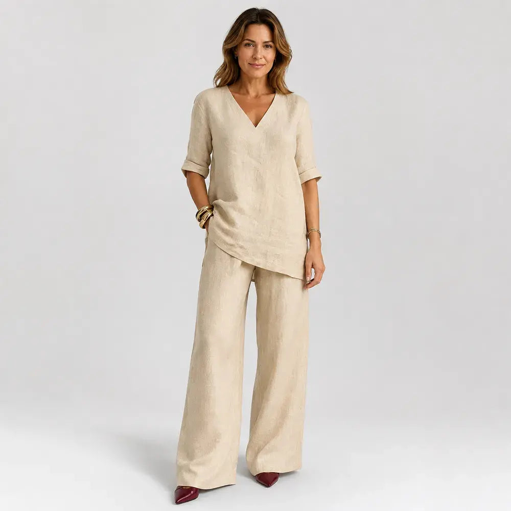 ❤️50% Reducere💥【40-100 kg】Set 2026: Top uni din bumbac și in, mânecă scurtă și decolteu în V + pantaloni casual drepți