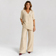 ❤️50% Reducere💥【40-100 kg】Set 2026: Top uni din bumbac și in, mânecă scurtă și decolteu în V + pantaloni casual drepți