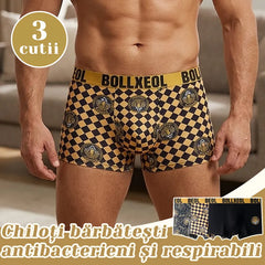 Set 3 Boxeri de Lux pentru Bărbați în Cutie Cadou – Chiloți Antibacterieni Clasa 10A, Material Moale, Respirabil și Confortabil, Imprimeu Premium Cap de Leopard