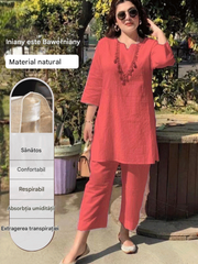 🔥【40-100kg】Vara noua moda culoare solidă temperament naveta stil etnic haine cu mâneci lungi costum din două piese