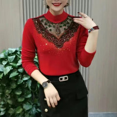 Női bélelt, karcsúsított alapfelső – meleg, elegáns csipkés részletekkel