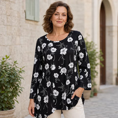 🛍️ Eleganță Fluidă! Bluză Plus Size cu Imprimeu Floral, Decolteu Rotund și Tiv Asimetric | XL-5XL