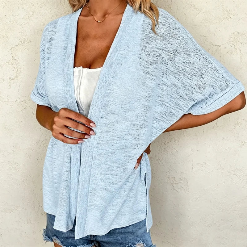 Cardigan Subțire de Vară pentru Femei - Jachetă Tricotată Ușoară și Respirabilă, Material Moale, Mâneci Liliac, Stil Casual și Elegant pentru Zile Călduroase
