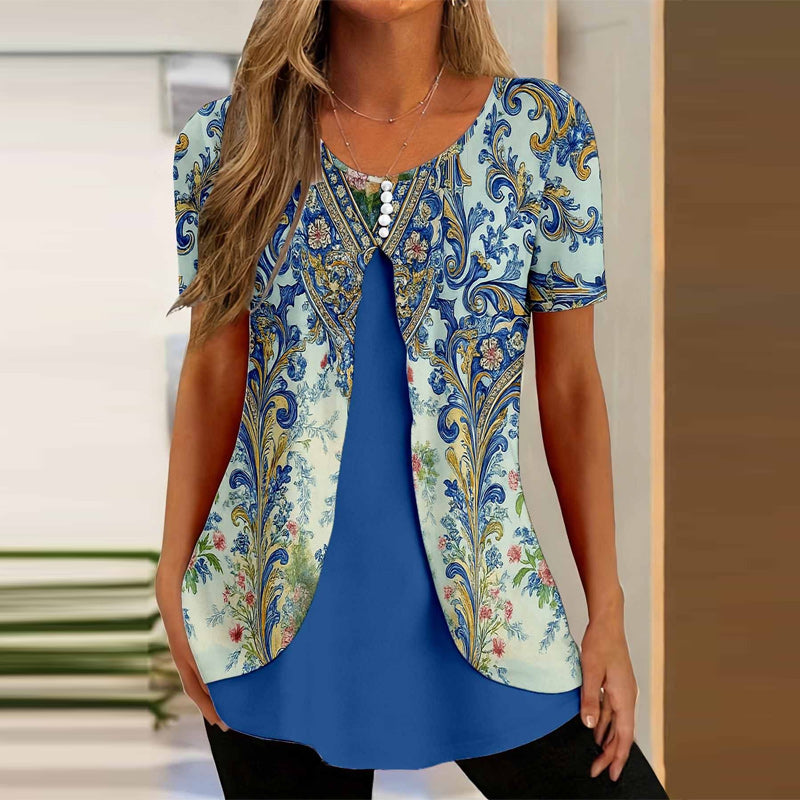 Bluză Elegantă 2 în 1 cu Imprimeu Floral – Croială Lejeră ce Ascunde Abdomenul și Subțiază Silueta