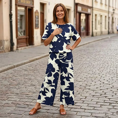 Costum de Vară din Două Piese pentru Femei, Set Casual cu Bluză Mânecă Scurtă și Pantaloni Lungi Largi, Imprimeu Floral Modern